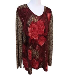 VINTAGE STONEBRIDGE Top Blouse Shirt Roses Floral Sparkles Size XL Red‎ Gold